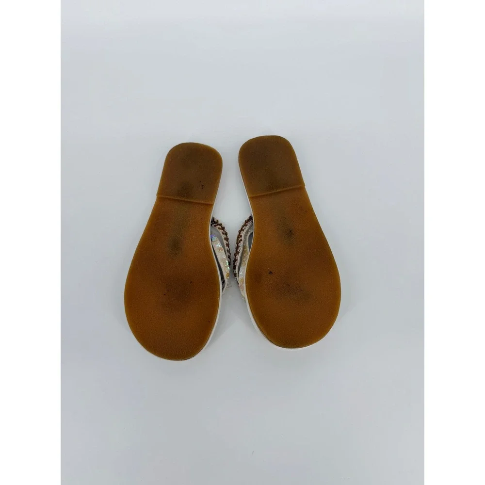 Bamboo Womens Beaded Thong Sandals Cream Sequin Boho Flip Flops Size 8